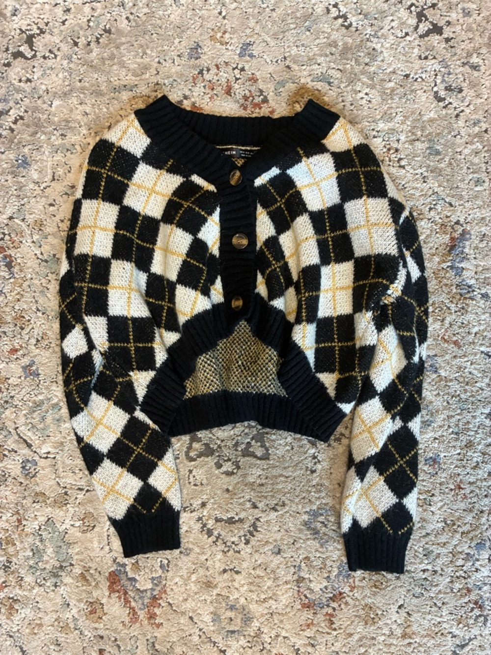Cropped Black & Cream Argyle Button Cardigan Sweater